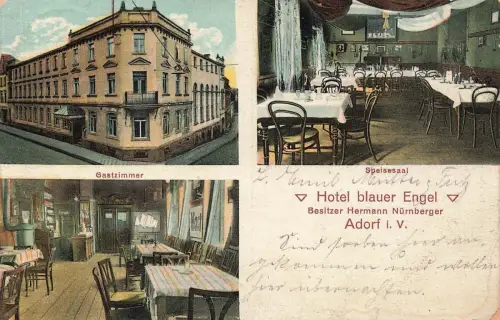 Hotel blauer Engel mit Innenansicht in Adorf Vogtland Sachsen Postkarte AK 1913