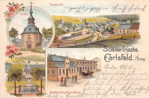 Sommerfrische Carlsfeld i./Erzg. Totalansicht Kirche Gasthof Postkarte AK 1904