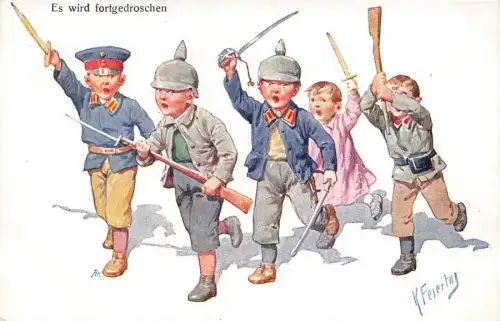Kleine Soldaten mit Gewehr Säbel Künstlerkarte K. Feiertag Nr 7
