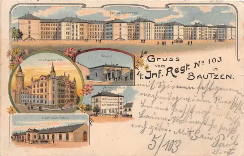 Gruss vom Kaserne 4.Inft. Regt. 103 Bautzen Sachsen Litho Postkarte 1914