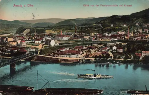 Blick von Ferdinandshöhe auf Kramel mit Dampfer Aussig Böhmen Postkarte AK 1912
