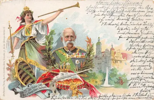 25 jähr. Regier-Jubiläum König Albert von Sachsen Portrait Patriotika AK 1900