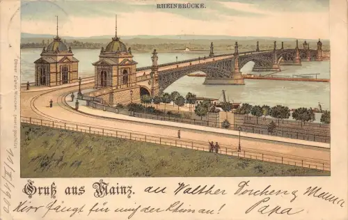 Gruss aus Mainz Rheinbrücke Litho AK 1900