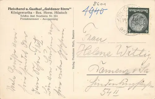 Fleischerei u. Gasthof "Goldener Stern" Königswartha Postkarte AK 1940