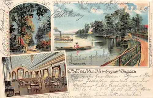 Gruss von der Pelzmühle in Sigmar Chemnitz Litho AK 1902