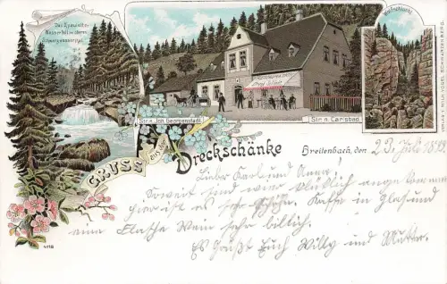 Gruss aus Restauration Dreckschänke Breitenbach Potůčky Böhmen Litho AK 1899