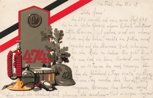 Regimentskarte Schulterklappe 474 Sachsen mit Pickelhaube 474 Postkarte AK 1918