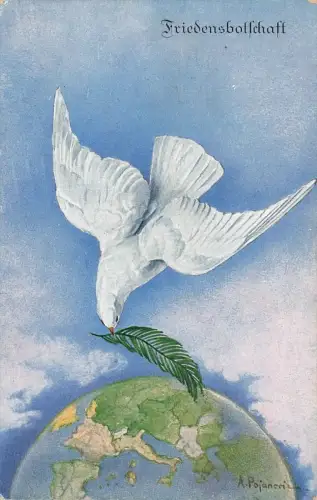 Friedensbotschaft Globus mit Friedenstaube Postkarte AK
