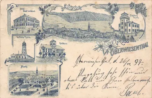 Gruss aus Oberwiesenthal mit Rathaus, Hotel und Markt Sachsen Litho AK 1897