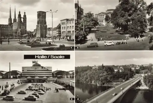 Marktplatz, Hauptbahnhof, Theater des Friedens Halle Sachsen-Anhalt Postkarte AK