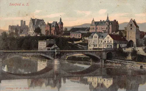Saalfeld a. S. Brücke Spiegelung Wasser Postkarte AK 1938
