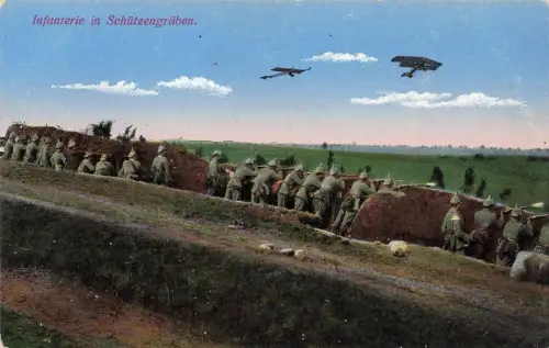 Infanterie in Schützengräben mit Flugzeugen Das Deutsche Heer Postkarte AK
