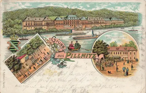 Schlossrestaurant und Schloss Pillnitz Sachsen Litho Postkarte AK 1898