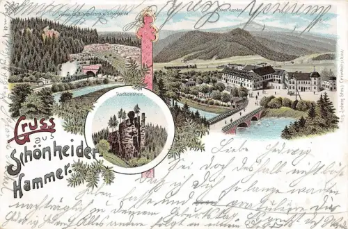 Gruss aus Schönheider-Hammer Rockenstein Hotel Hendel Litho AK 1901