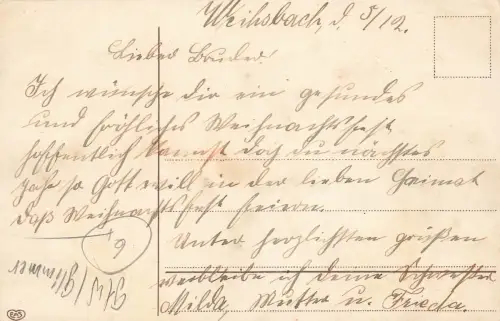 Fröhliche Weihnachten schneebedeckte Häuser Kirche Landschaft Postkarte AK