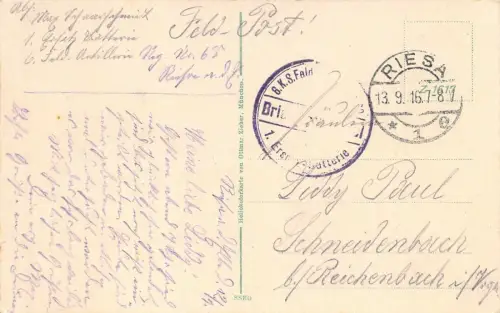 Riesa Artillerie-Kaserne 1. Abteilung 68 Feldpostkarte 1916