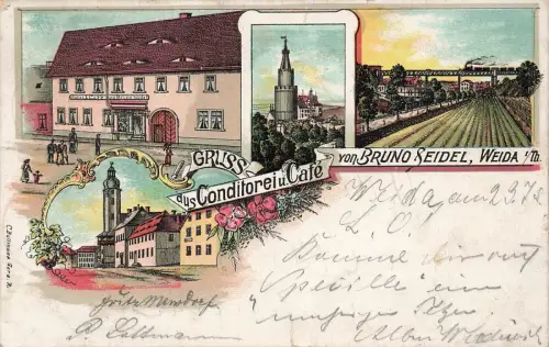 Gruß aus Conditorei u. Café Bruno Seidel Weida Thüringen Litho Postkarte AK 1898