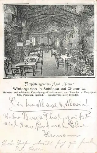 Tropfsteingrotten-Saal "Flora" Wintergarten Schönau Chemnitz Postkarte AK 1899
