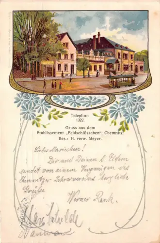 Chemnitz Sachsen Restaurant Feldschlösschen Strassenbahn Postkarte 1910