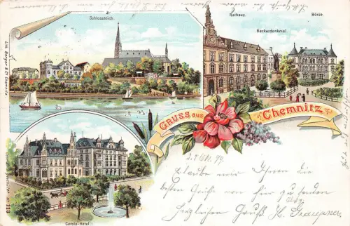 Gruss aus Chemnitz Sclossteich Carola-Hotel Rahaus Beckerdenkmal Litho AK 1899
