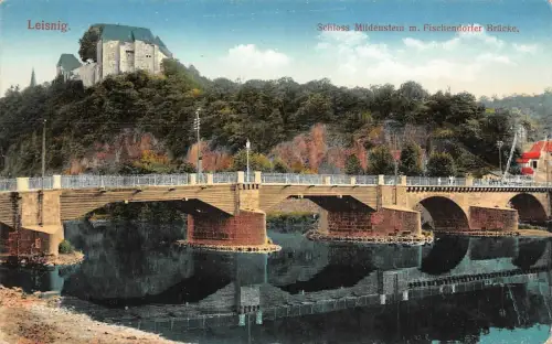 Schloss Mildenstein und Fischerdorfer Brücke Leisnig Sachsen Postkarte AK 1915