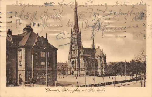 Chemnitz Königsplatz mit Petrikirche Postkarte 1919
