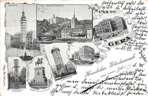 Gera Gymnasium Rathaus, Denkmal Panorama Postkarte gel. 1899