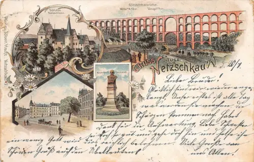 Netzschkau Vogtland Göltzschthalbrücke Litho Postkarte 1899