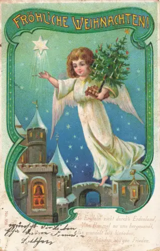 Fröhliche Weihnachten! Engelskind Stern Weihnachtsbaum Kirche Postkarte AK 1903