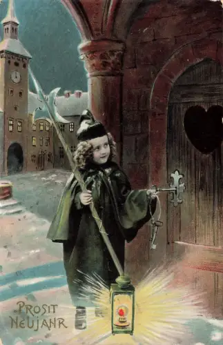 Prosit Neujahr Kind Schlüssel Lampe Tor Dorf Schnee Postkarte AK 1908