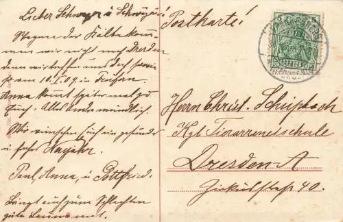 Prosit Neujahr Kind Schlüssel Lampe Tor Dorf Schnee Postkarte AK 1908