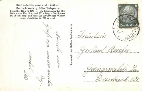 Saaletalsperre a. kl. Bleiloch Deutschland größte Talsperre Postkarte AK