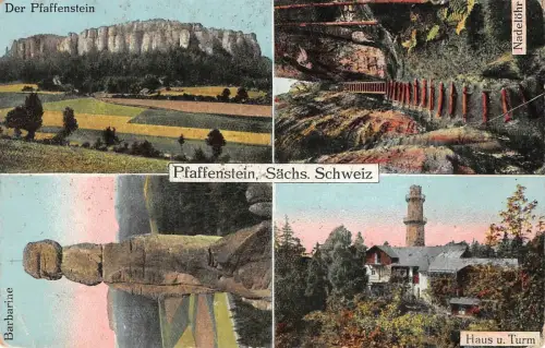 Pfaffenstein Sächs. Schweiz Nadelöhr Barbarine Haus u. Turm Postkarte AK