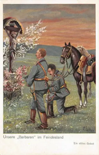 Ein stilles Gebet Unsere Barbaren im Feindesland Patriotika Postkarte AK