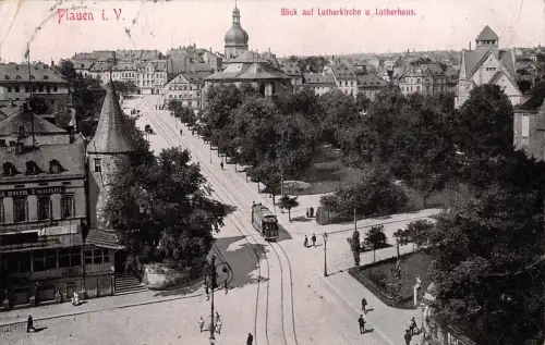 Plauen i. V. Blick auf Lutherkirche u. Lutherhaus AK 1912