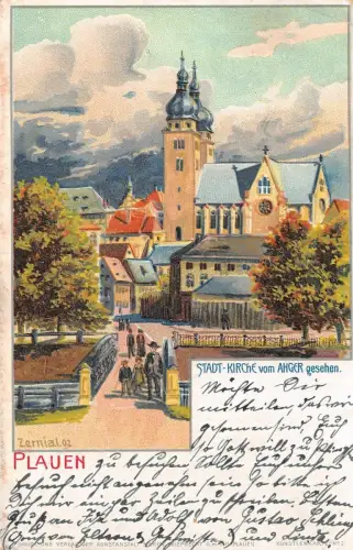Plauen Stadtkirche vom Anger gesehen Postkarte 1904