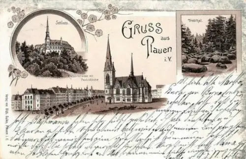 Gruss aus Plauen mit Kaiserstraße und Schloss Vogtland Sachsen Litho AK 1898