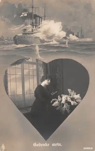 Frau bei Gedanken an Matrose Kriegsschiff Patriotika Postkarte