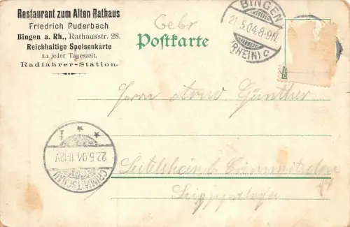 Gruss aus Bingen Ansicht Dampfer Rhein Restaurant zum Alten Rathaus AK 1904