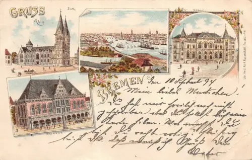 Gruss aus Bremen Rathaus Dom Börse Litho Postkarte AK 1894