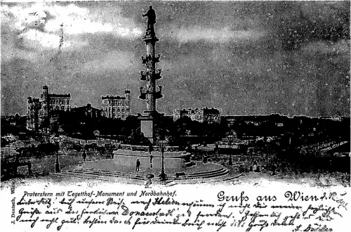 Gruss aus Wien Praterstern mit Tegetthof-Monument und Nordbahnhof AK 1897