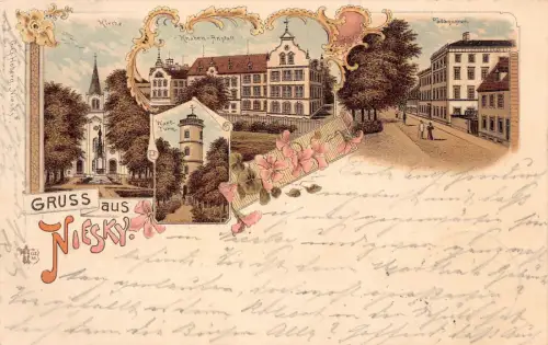 Gruss aus Niesky Kirche, Pädagogium, Lithographie 1898