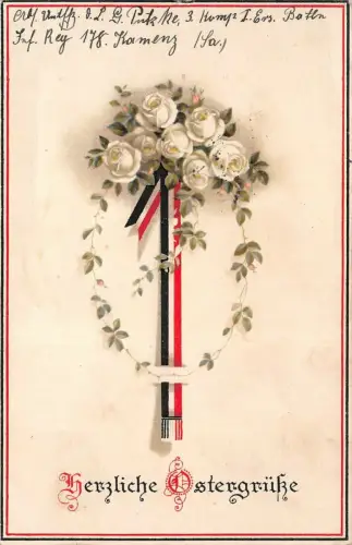 Herzliche Ostergrüße mit Blumen und Reichsfahne Patriotika Postkarte AK 1915