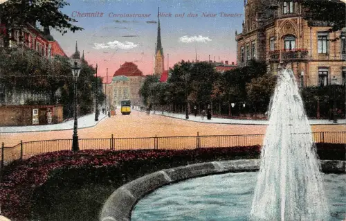 Chemnitz Carolastrasse Blick auf das Neue Theater Feldpostkarte AK 1918