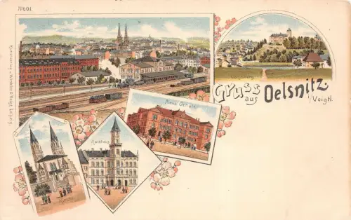 Gruss aus Oelsnitz i/Voigtl. Rathhaus Kirche Neue Schule Postkarte AK