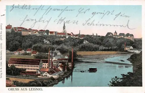 Gruss aus Leisnig Stadtansicht und Partie an der Mulde Sachsen Postkarte AK 1915