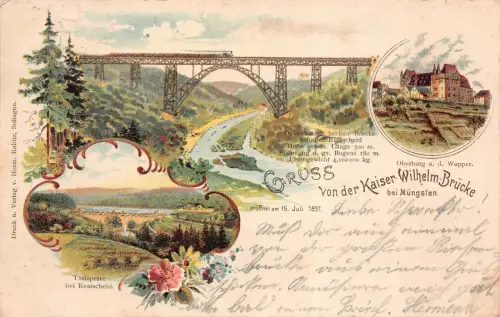 Kaiser Wilhelm-Brücke und Oberburg Müngsten Nordrhein-Westfalen Litho AK 1897