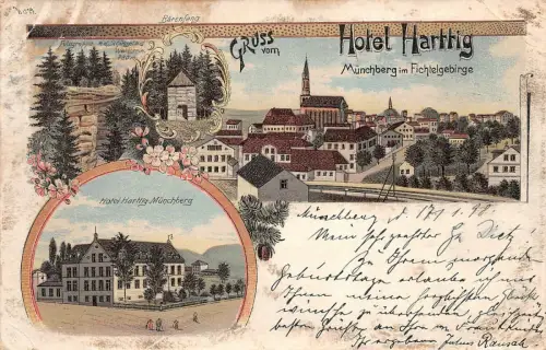 Gruss vom Hotel Harttig Münchberg im Fichtelgebirge Bärenfang Postkarte AK 1898