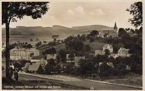 Niederer Ortsteil Kirche und Schule Gelenau Erzgebirge Sachsen Postkarte 1936
