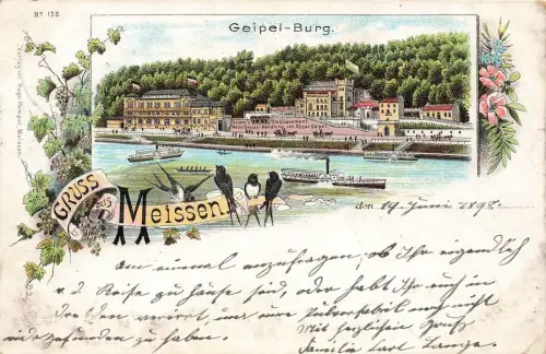 Geipel-Burg und Etablissement in Meissen Sachsen Litho Postkarte AK 1898